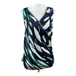 Anne Klein Sleeveless Wrap Top Womens S Green Navy White Blouse Elegant Workwear